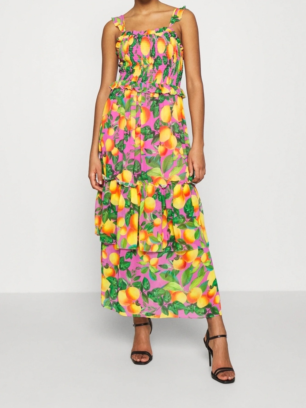 FARM Rio Pink Orange Sunset Tiered Maxi Dress